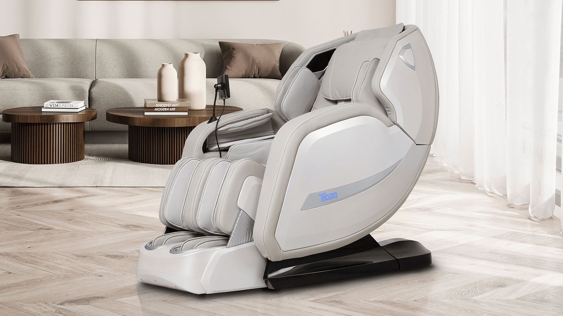 Titan 4D Advent Taupe Massage Chair in living space
