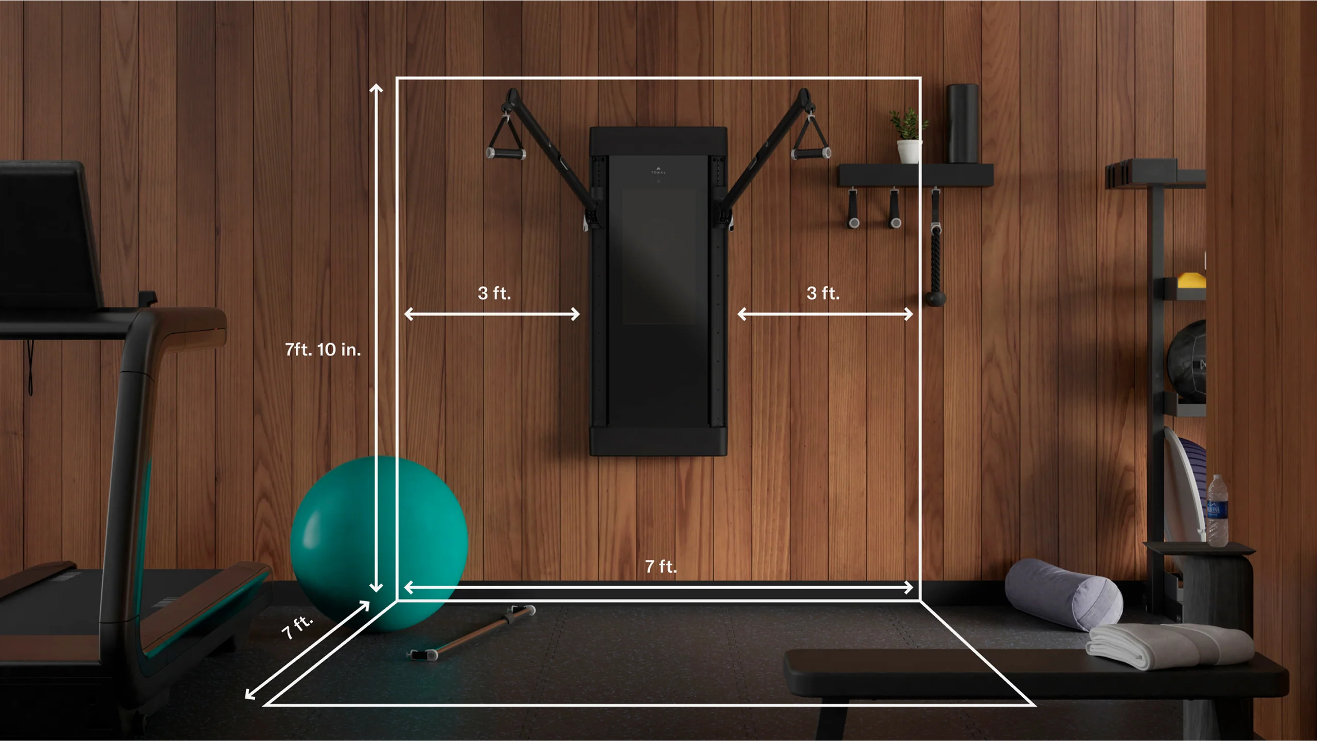 Tonal 2 Smart Gym in room with dimensions overlaid