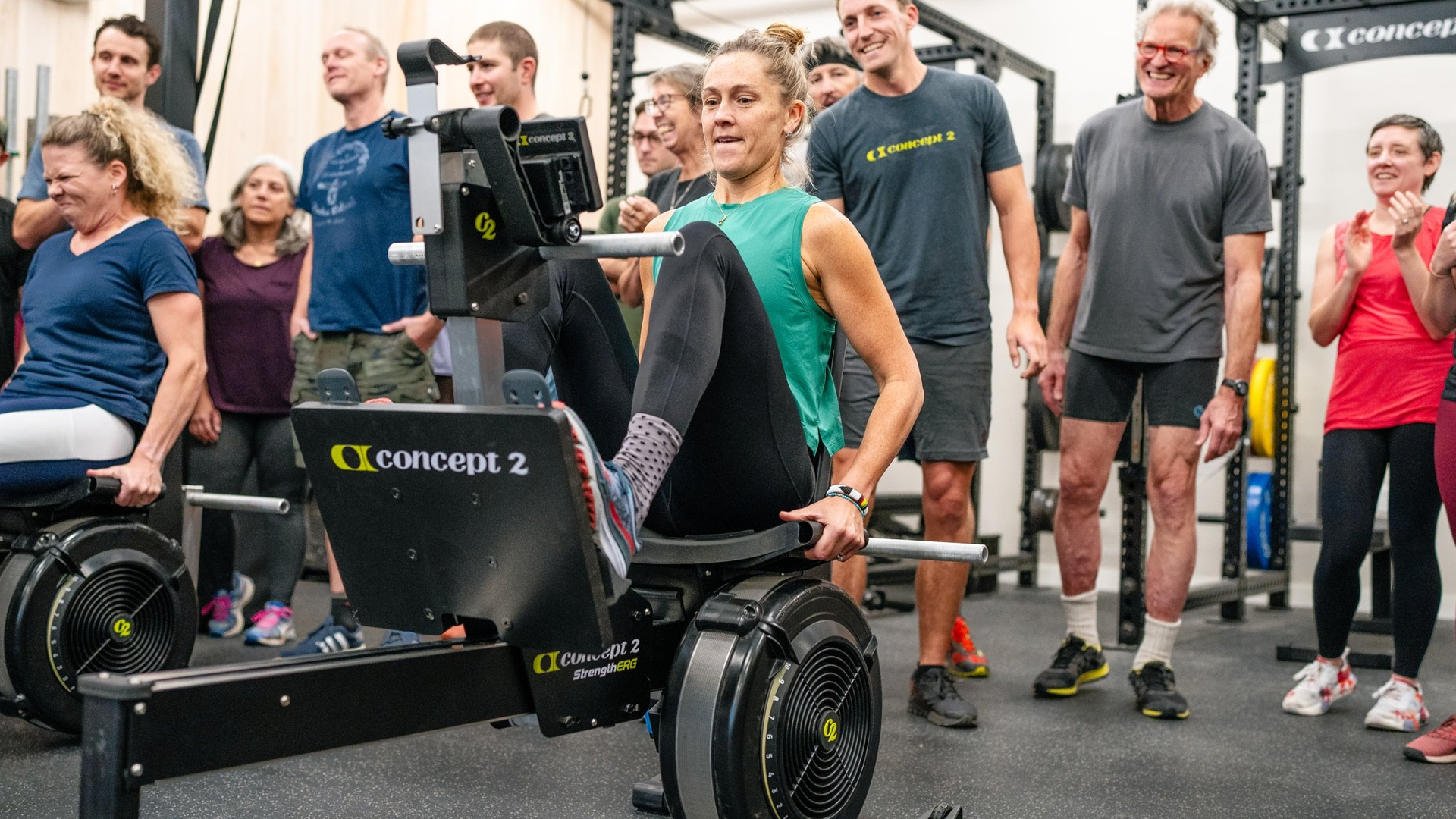 Woman working out with Concept2 StrengthErg fitness community