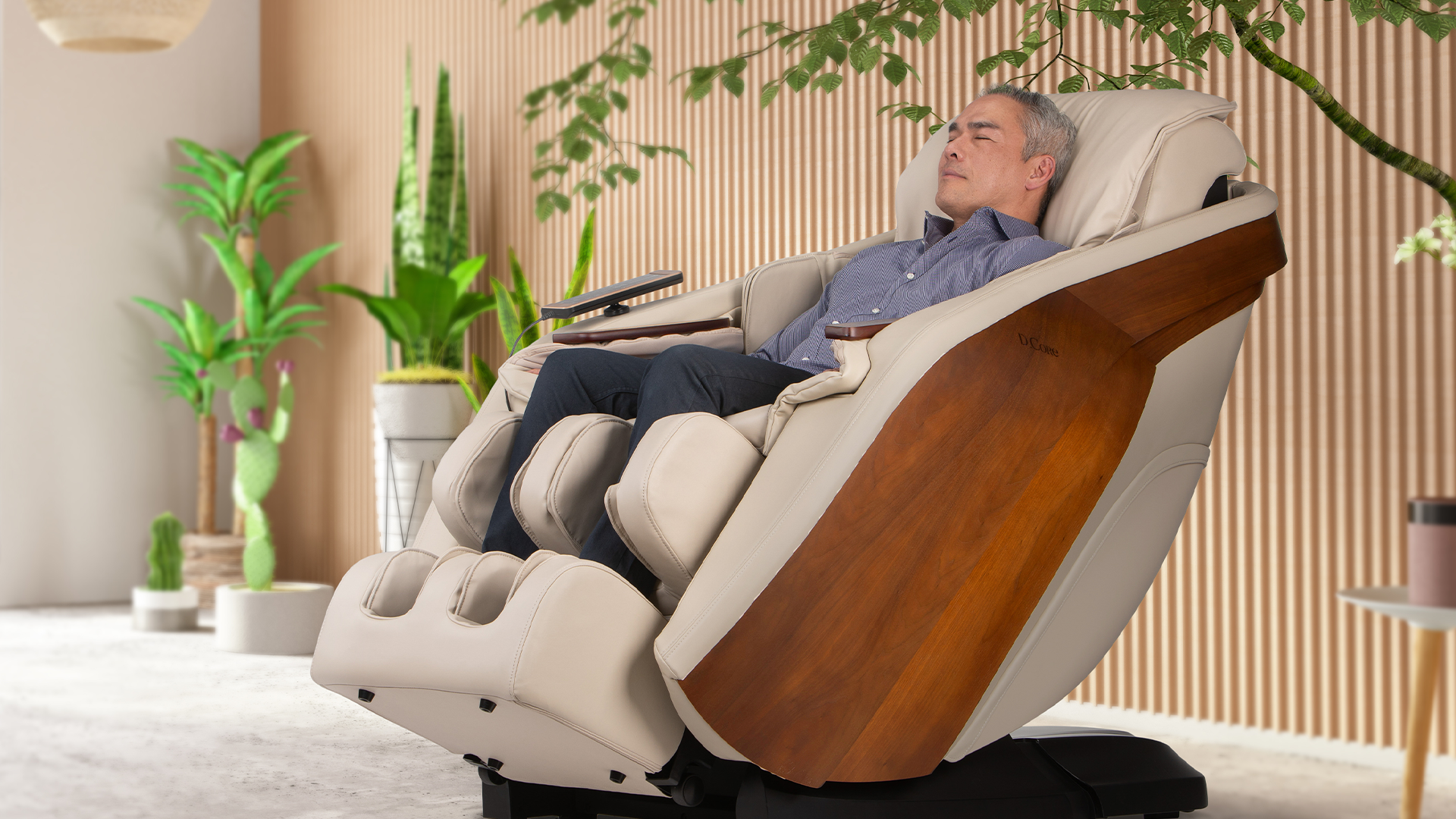 Man relaxing in DCore Stratus-JP Massage Chair in cream