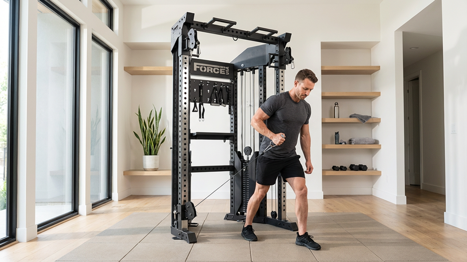Man using Force USA Functional Trainer Rack in home