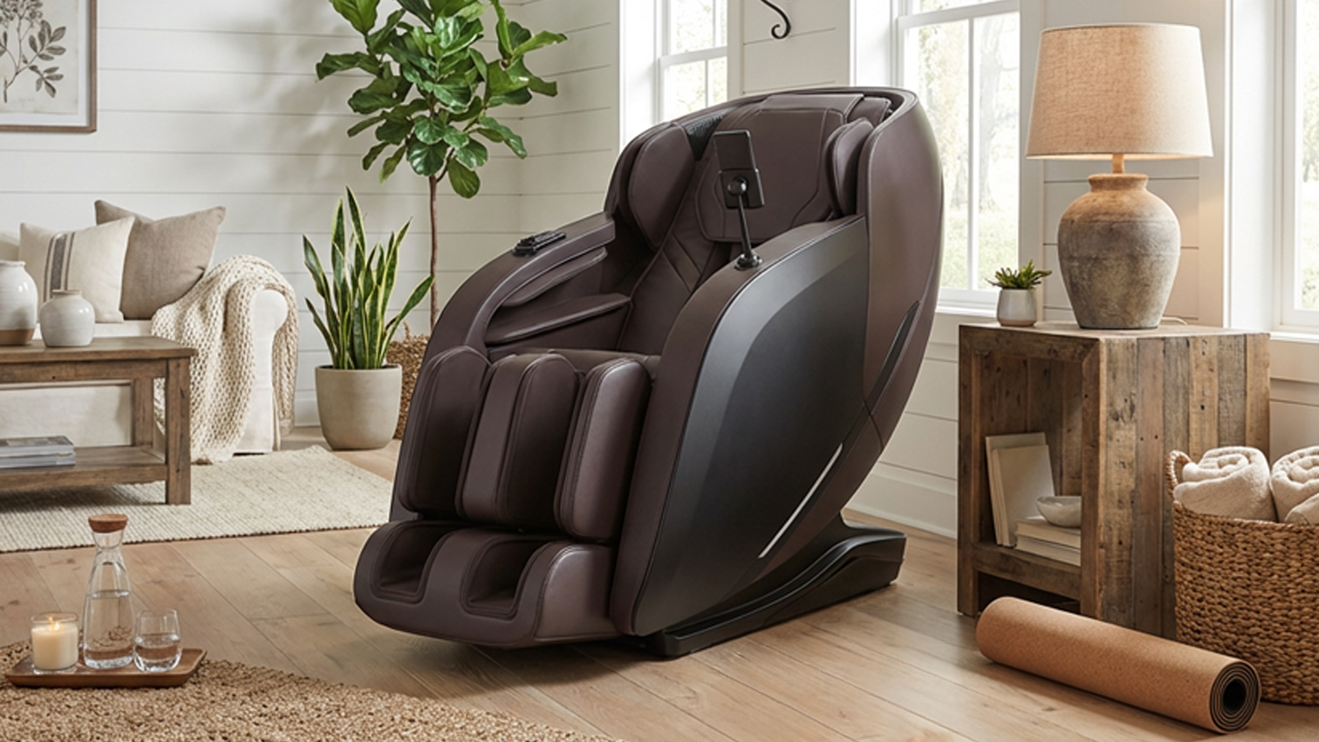 Cafe brown J POD massage chair in a modern home setting