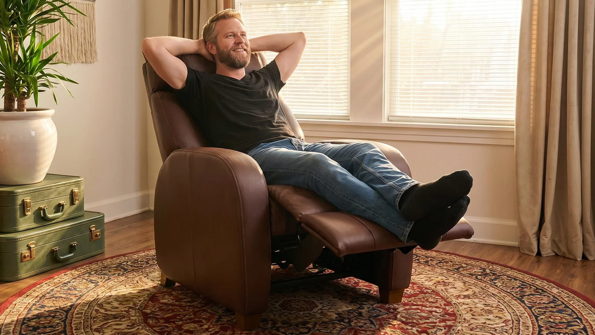 Man reclining in Positive Posture Cafe+ Recliner in modern home