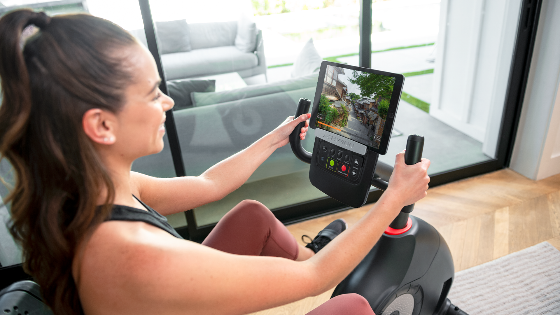 Woman on Schwinn 230 Recumbent Bike close up