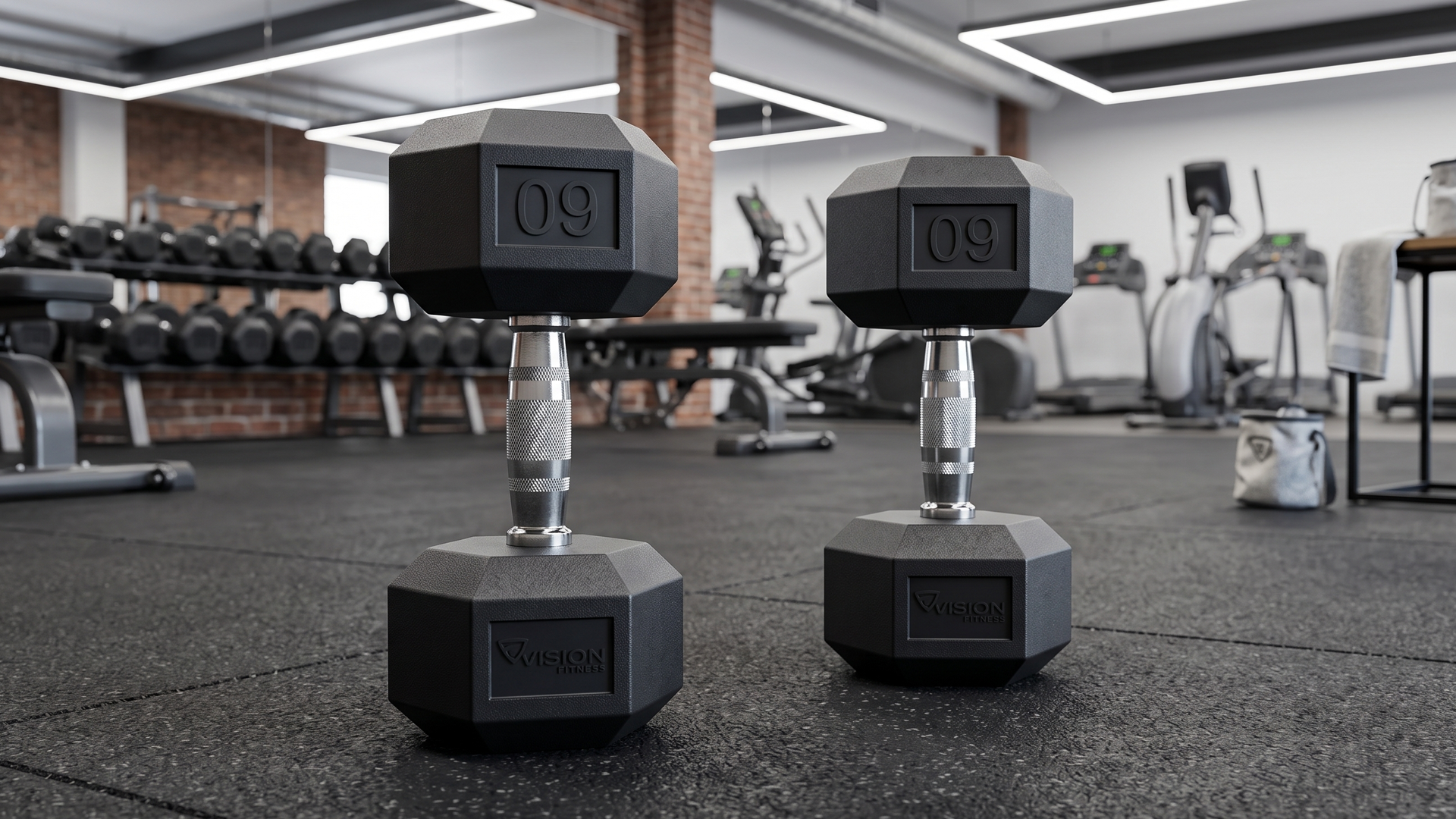 Vision Fitness Rubber Hex Dumbbells in commercial gym