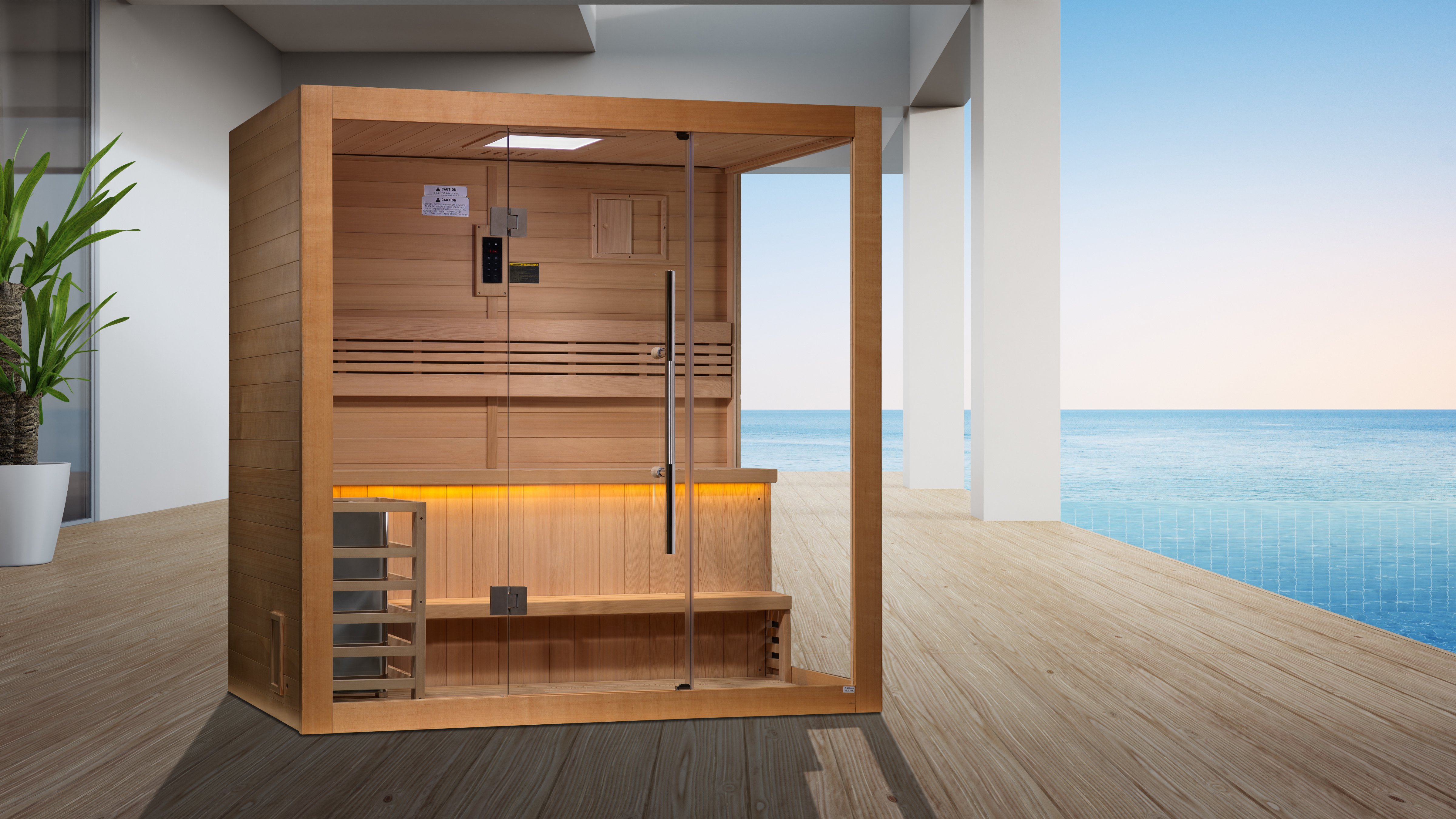 Forssa in an outdoor area with wooden flooring by a body of water