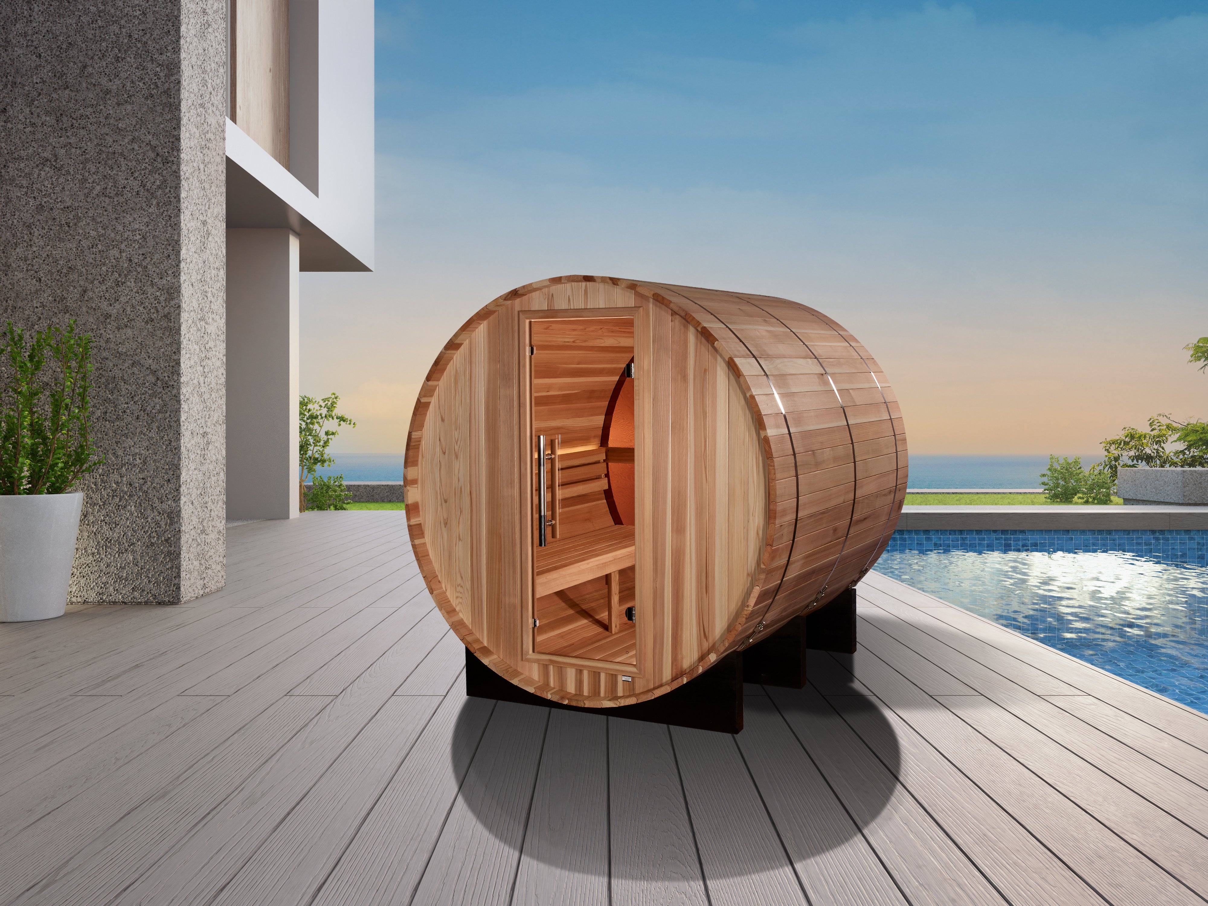 Zurich - Barrel Sauna on a deck by a pool