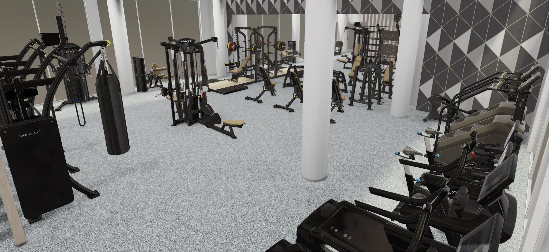 3D render of a multifamily fitness space buildout