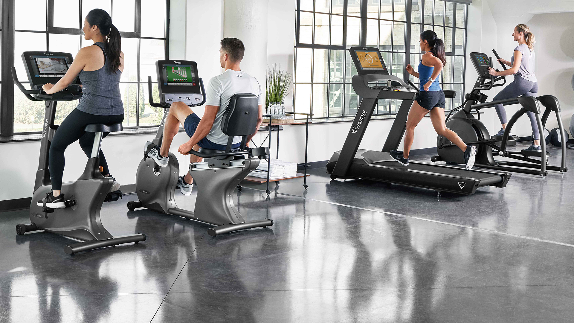 An apartment gym facility outfitted with Vision Commercial Cardio Entertainment Series equipment